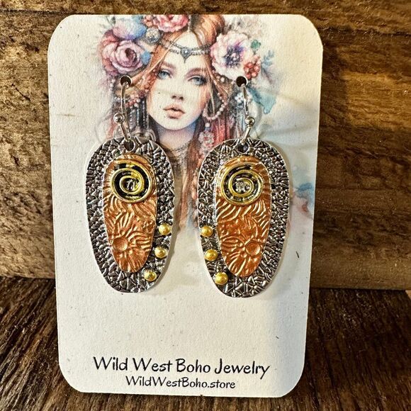 Handcrafted Bohemian Hippie Copper Dangle Earring, Retro Ethnic Style , Gift Box - Picture 2 of 9